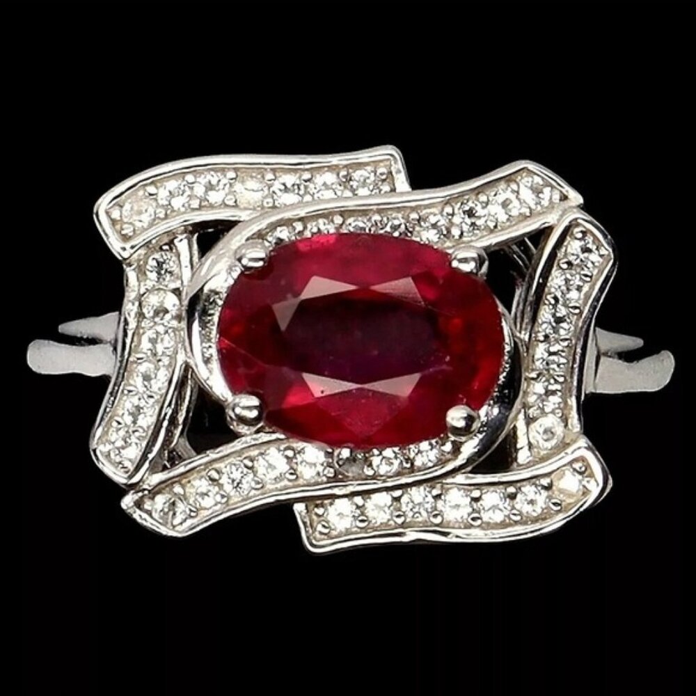 925 Sterling Silver Ring Sz 6.75 with Natural Ruby 8x6mm & White Topaz